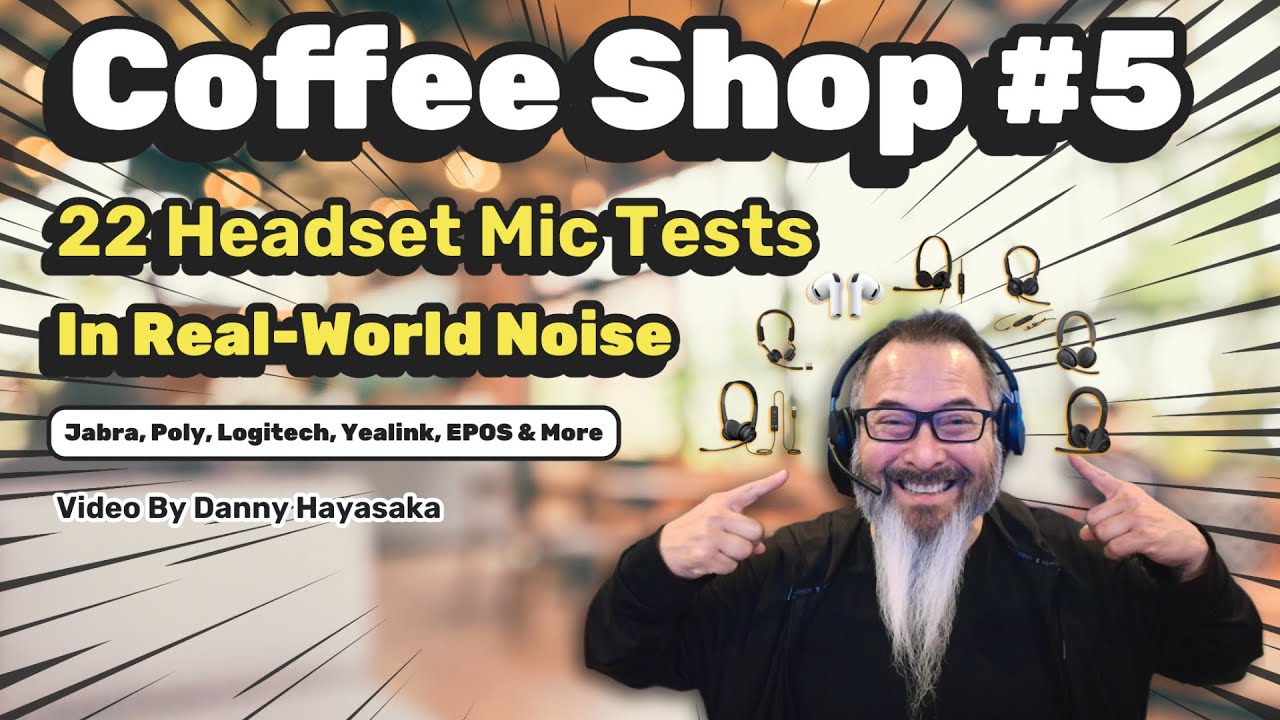 YouTube thumbnail for 'Coffee Shop Mic Test #5 | 22 Headsets Compared in Real Noise' by Danny Hayasaka, featuring the Cyber Acoustics AC-404 at $99.99 on Amazon