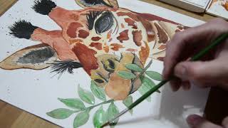 giraffe watercolor speed paint,time-lapse