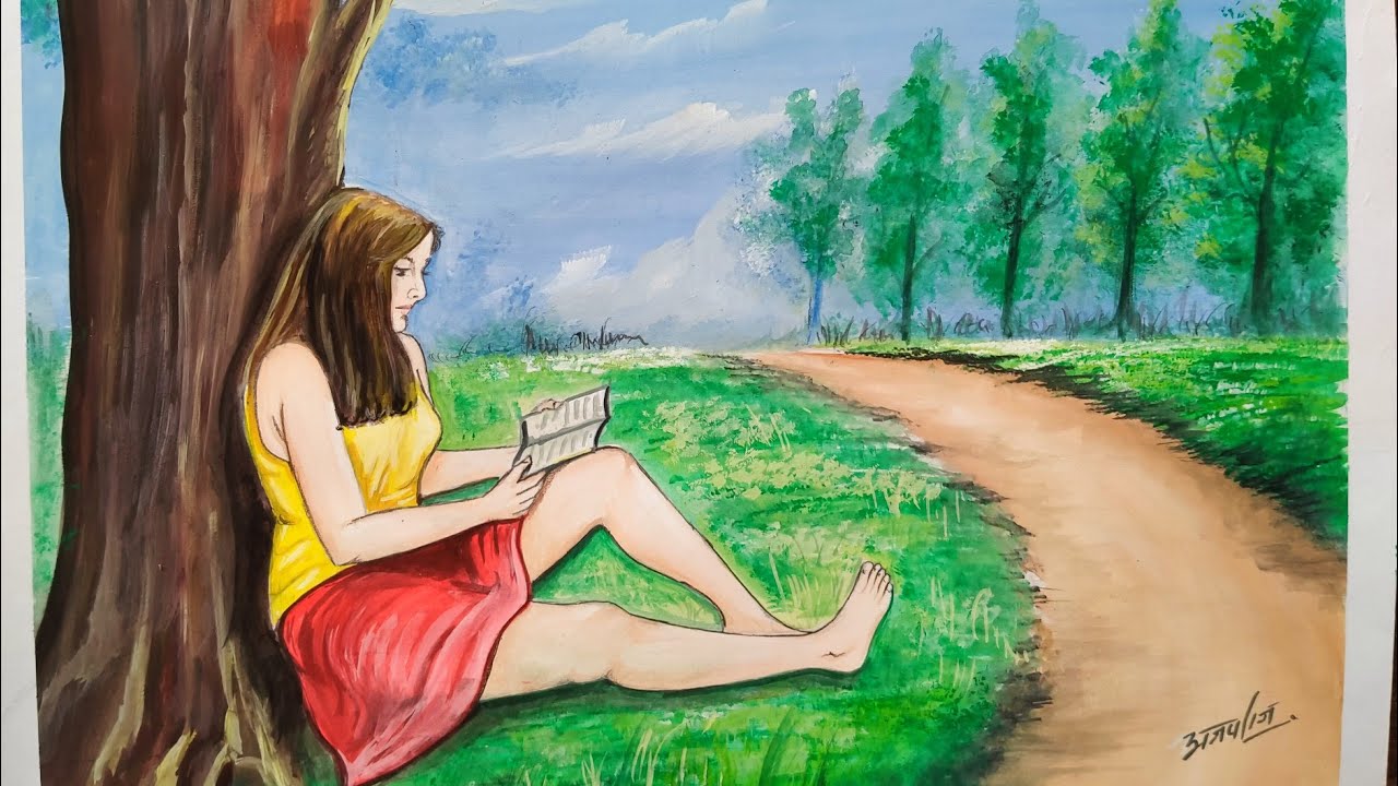 A girl reading book | watercolour painting of girl sitting under tree and reading book