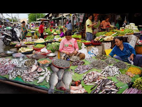 Evening Street Market in Cambodia - Plenty Fresh Vegetable, Fish, Pork Selling Near Garment Factory