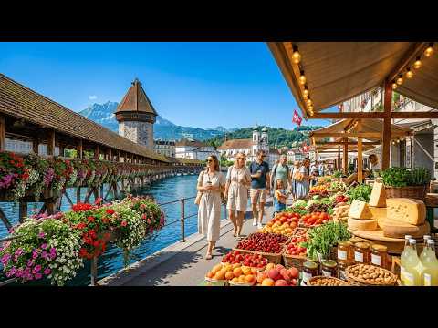 TRADITIONAL SWISS ORGANIC FARMERS MARKET | MORNING WALKING TOUR IN LUCERNE | SWITZERLAND 4K