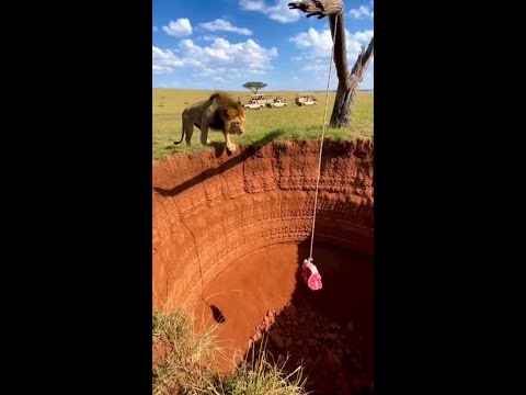 Hungry Lion Jumps For Meat And Falls Into Deep Trap #Shorts
