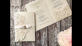 How To Make Your Own Wedding Invitation with laser cut pocket fold.  DIY invitation with pocket.