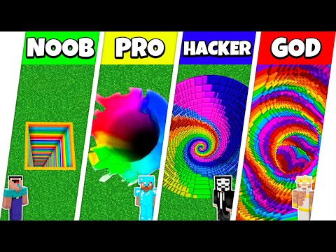 Minecraft Battle: NOOB vs PRO vs HACKER vs GOD: RAINBOW TUNNEL PIT HOUSE BUILD CHALLENGE / Animation