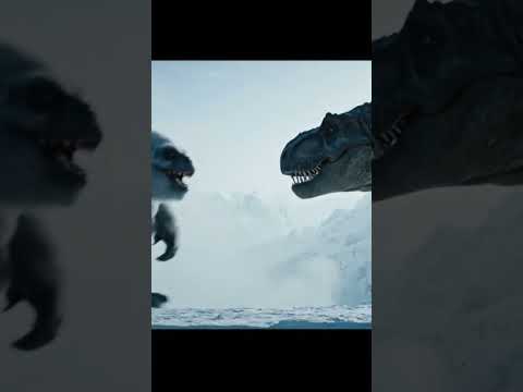 white-furred yeti and a massive, scaly Tyrannosaurus rex in a snowy, mountainous landscape