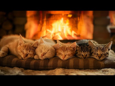 Cozy Room Ambience with Napping Cats 🔥 Sleep Instantly with Fireplace And Purr Sound