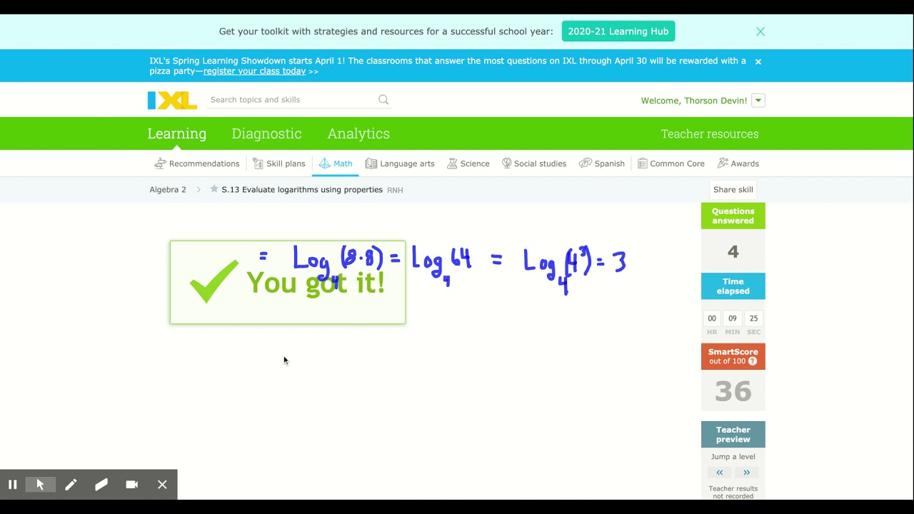 IXL - Evaluate logarithms using properties (Algebra 2 practice)
