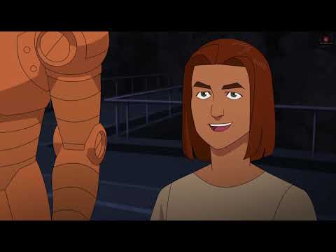 The Invincible S1E7: Robot explains his new body to Rex and The New Guardians scene