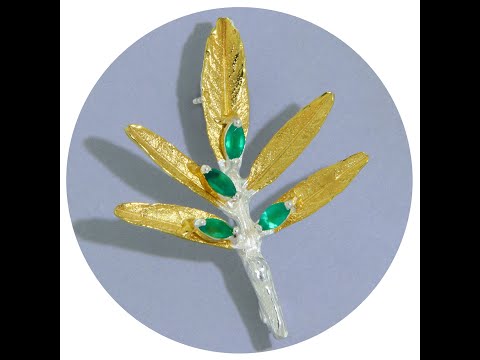 Brosa Argint 925 Accente Aurite Onix Verde Natural - Ramura de Maslin