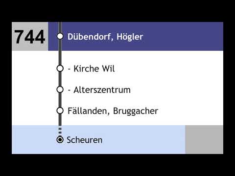 VBZ Ansagen - 744 - ZH Stettbach – Kirche Wil – Fällanden – Binz – Ebmatingen – Scheuren
