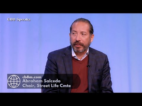 The guest is Abraham Salcedo, CB8's Street Life Committee chair.