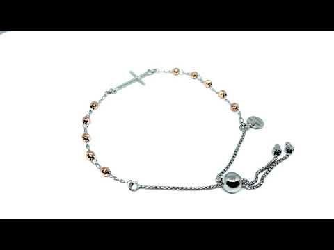 Sterling Silver Rose Beads With Sideways Cross Adjustable Bolo Friendship Bracelet , 9.25"