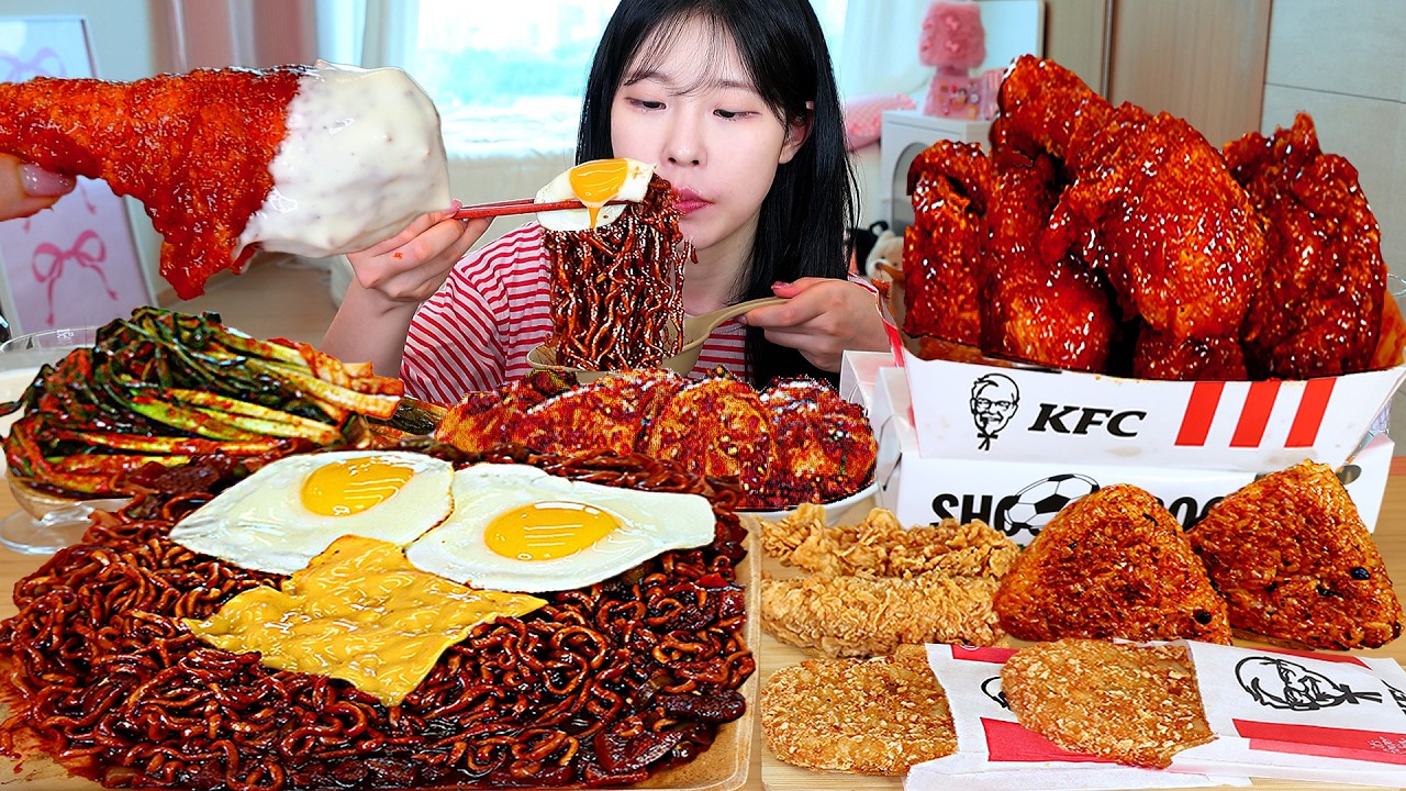 ASMR MUKBANG| 직접 만든 짜파게티 KFC 양념치킨 해시브라운 만두 먹방 & 레시피 FRIED CHICKEN AND BLACK BEAN NOODLES EAT