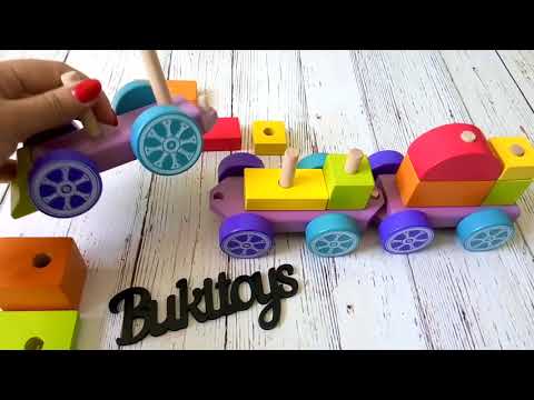 Cubika Medinis rūšiavimo traukinukas su kaladėlėmis - Vaivorykštės ekspresas 42cm. video