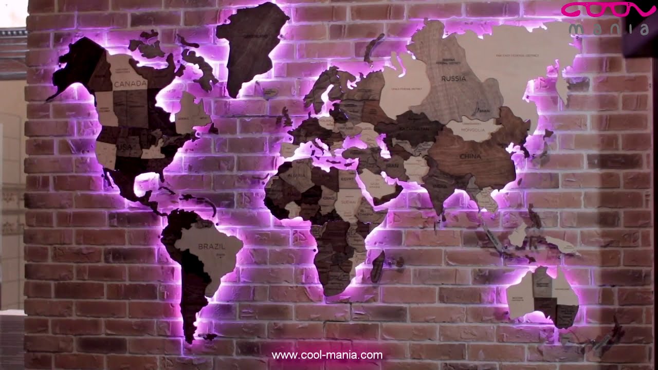 Wooden world map wall decor 3D with RGB LED backlight - size (www.cool-mania.com)