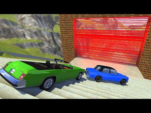 Crazy Vehicle Stairs Jumps Down Through Red Laser Wall (Burning Car) - BeamNG drive Stairs Jumps