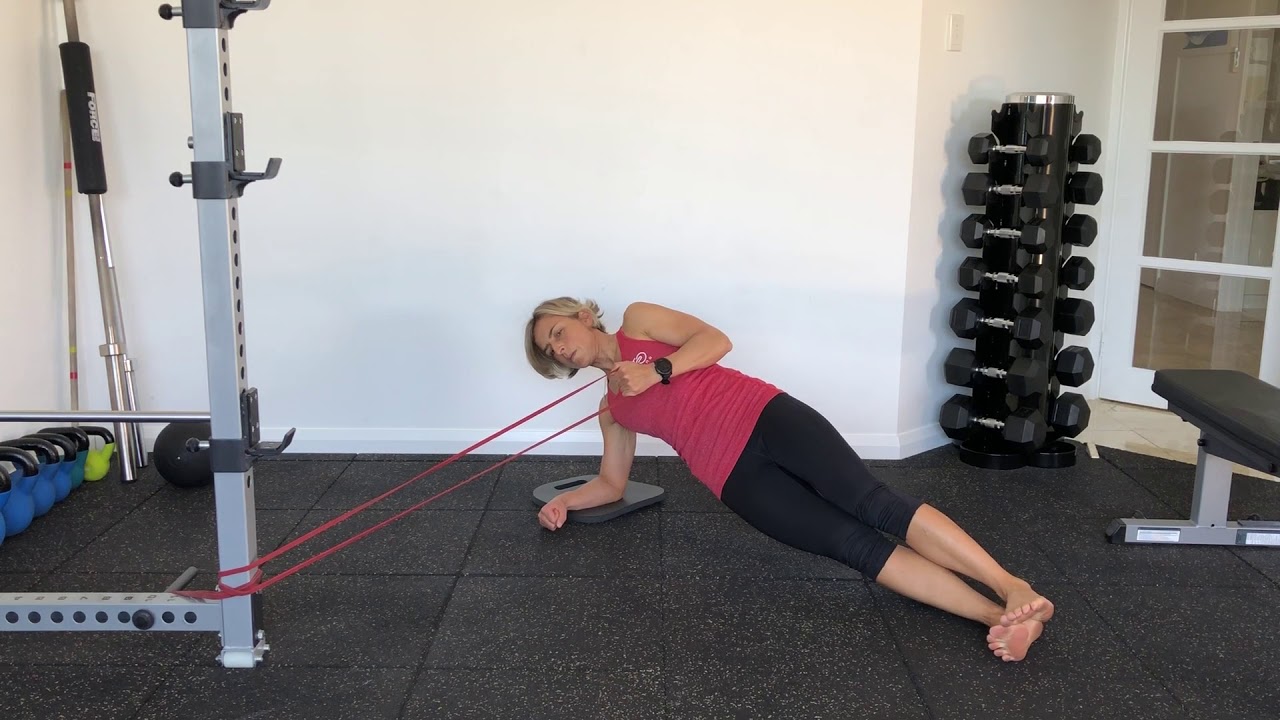 Forearm side plank band row