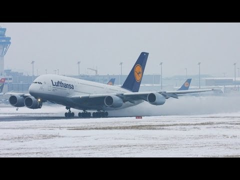 Airbus A380 Snow departure. Lufthansa A 380 creating a snow storm (HD)