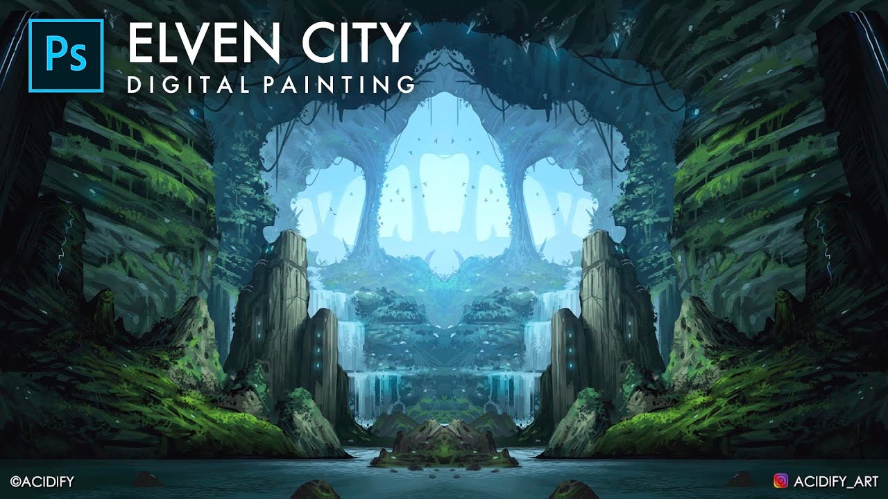 Elven City Fantasy Landscape Digital Painting / Fantasy Concept Art Process / Fantasy Cave Photoshop