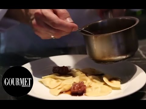 Pork belly ravioli with pork belly, pork cheek and pork sauce | Gourmet Traveller