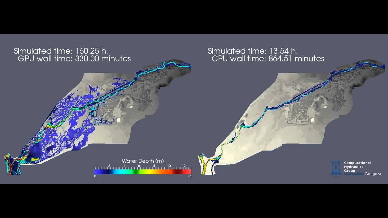 Large scale flooding simulation. CPU vs GPU