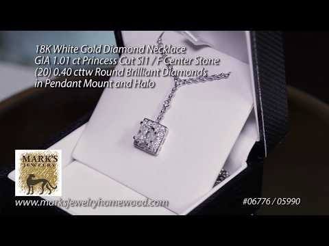 18K White Gold Princess Cut Diamond Halo Necklace