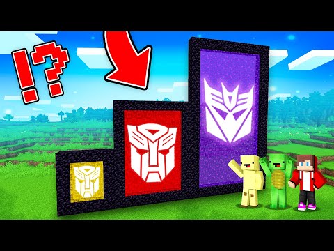 JJ's Optimus Prime vs Banana Bumblebee vs Mikey's Megatron Survive portals Battle in Minecraft