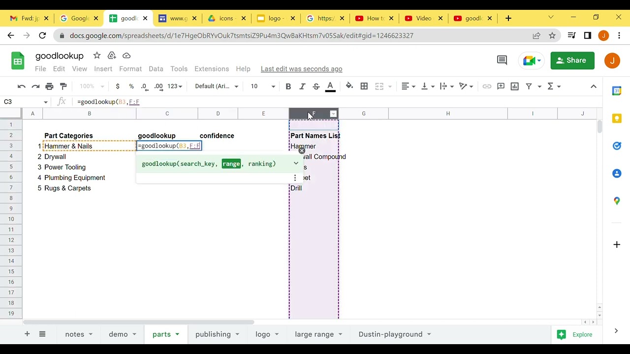 goodlookup  for google sheets - fuzzy matching part names / part categories