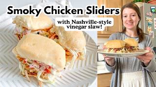 Smoky Pulled Chicken Sliders with Nashville-Style Vinegar Slaw (Like Edley's BBQ)