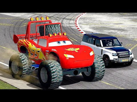 Lightning McQueen Monster Truck vs Land Rover Defender 2021 at Top Gear Track