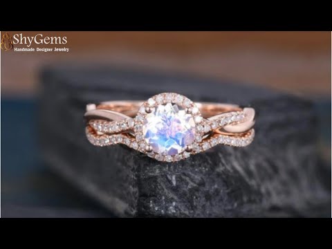 2 Carat Round Cut Rainbow Moonstone and Diamond Halo Wedding Ring Set - ShyGems
