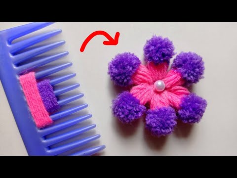 Amazing woolen craft ideas with hair comb -Hand embroidery flower - pom pom technic