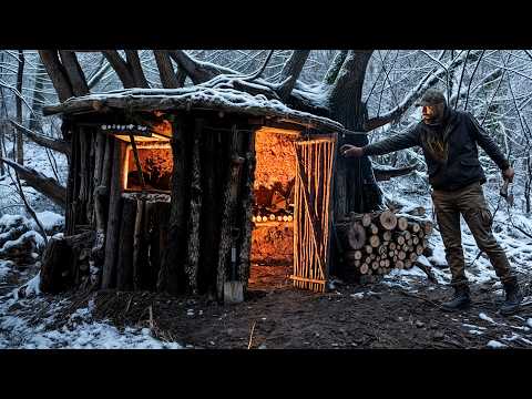 Bushcraft Winter Shelter: Hidden Refuge, Fire Cooking & Survival Skills