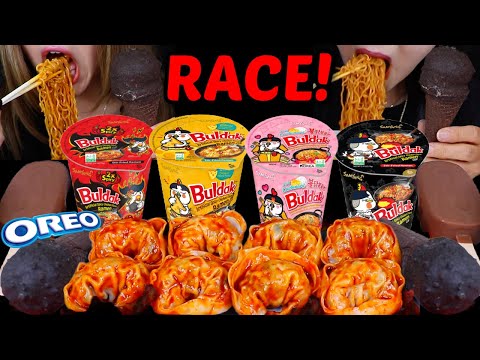 ASMR ICE CREAM + BULDAK RAMEN & SPICY KIMCHI MANDU RACE EATING COMPETITION! 먹방