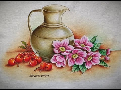 básico: Jarro, Cerejas e Flores: Aulas de Pinturas em Tecidos básico: Jarro, Cerejas e Flores: Aulas de Pinturas em Tecidos