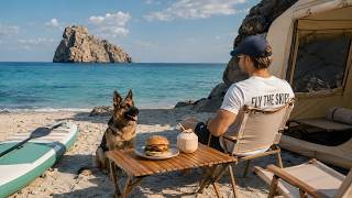 BEACH CAMPING IN THE SHADE OF A ROCK | SUP Board & Pepper Burger with My Dog