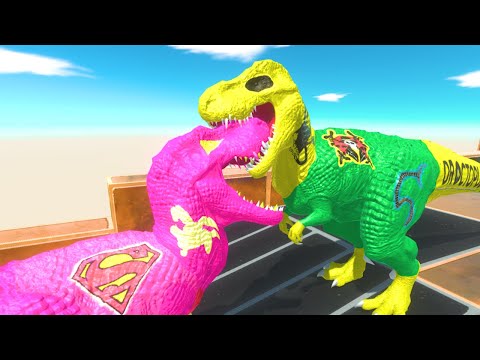PINK SUPERMAN T-REX DEATH RUN MOUNTAIN WITH HP BAR -Animal Revolt Battle Simulator