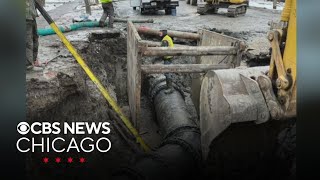 Photo shows pipe that broke and caused flood in Skokie, Illinois