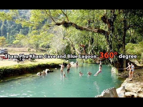 A caverna Tham Phu Kham e o penhasco da Lagoa Azul saltam em vídeo em 360 ° graus.