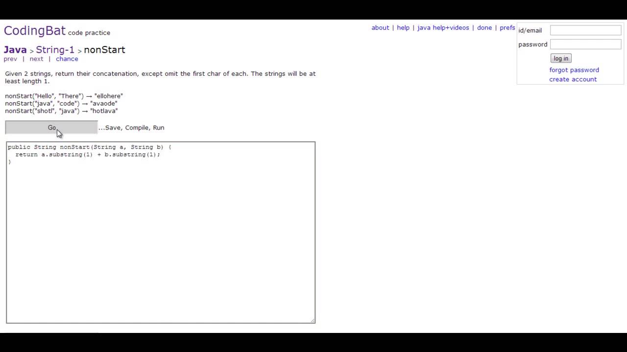 Coding Bat - Java String Tutorial nonStart