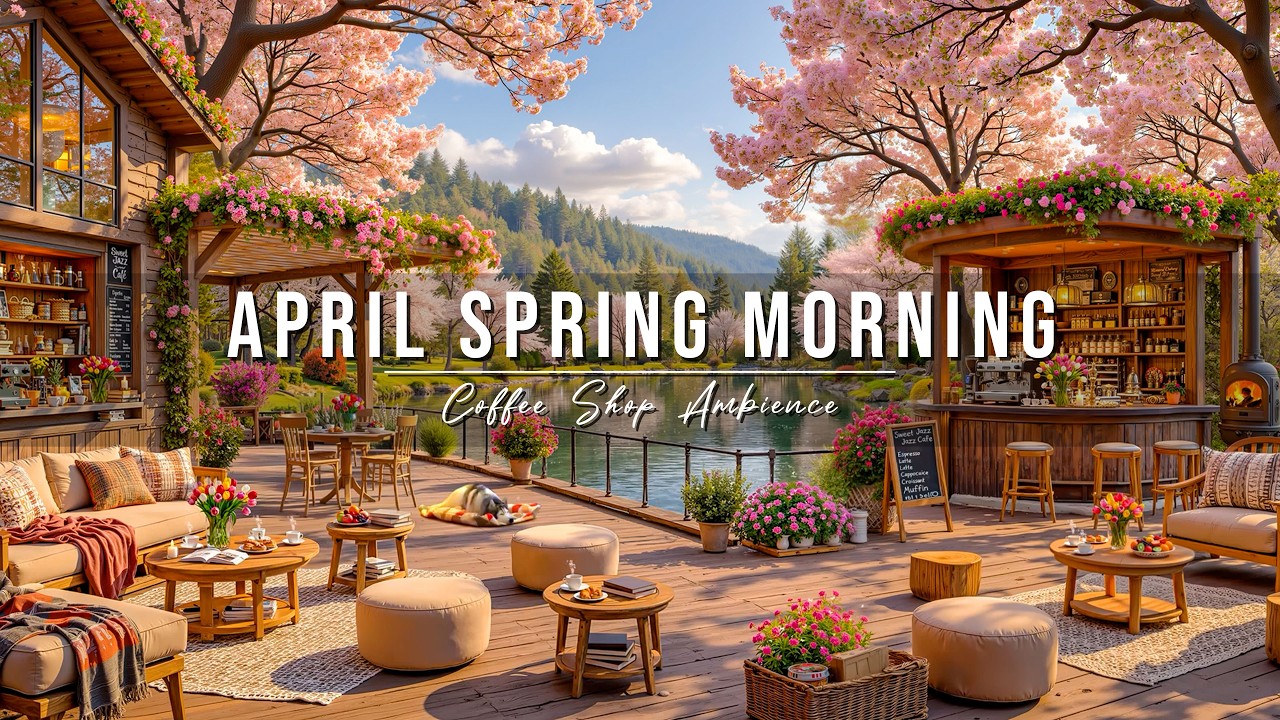Sweet April Spring Morning 🌸 Outdoor Coffee Shop Ambience & Soft Piano Jazz Music for Studying, Work