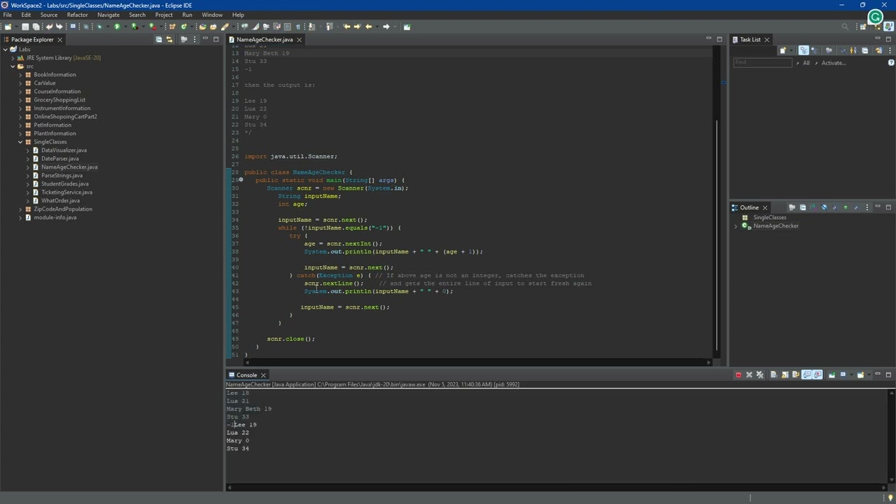 Java Lab: Exception handling to detect input String vs. Integer