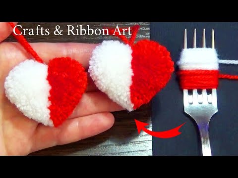 Super Easy Pom Pom Heart Making with Fork - Amazing Craft Ideas with Wool - How to Make Yarn Heart