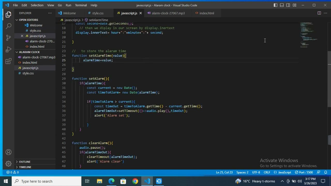 creating an alarm clock useing vanilla javascript