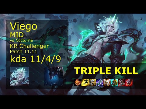 Viego vs Nocturne Mid - KR Challenger 11/4/9 Patch 11.11 Gameplay // [롤] 비에고 vs 녹턴 미드