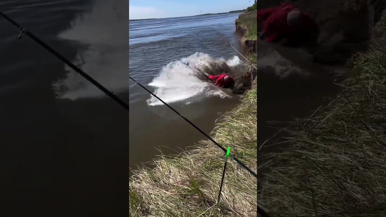 Ground Collapses Beneath Fisherman and Sends Him Into The River! #fishing