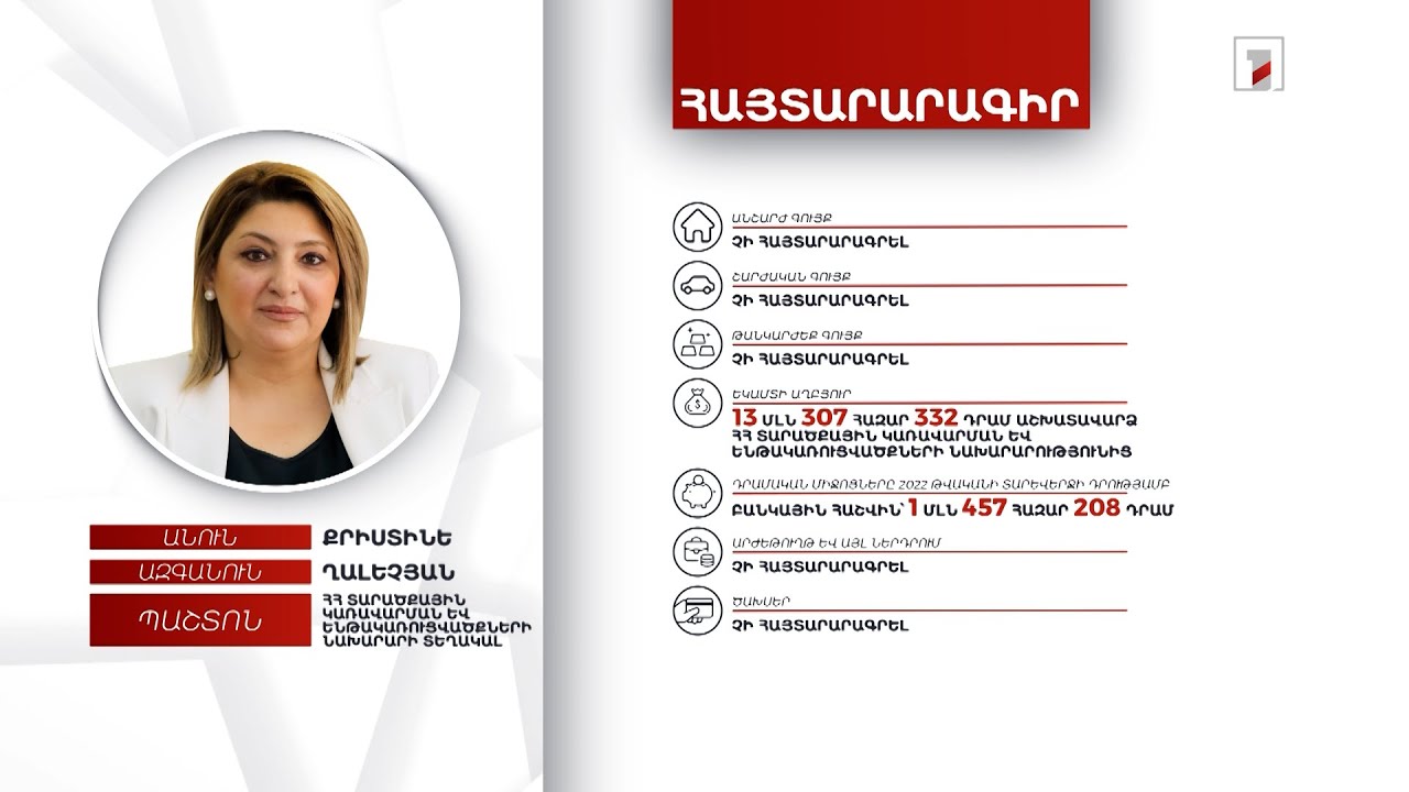 13 մլն եկամուտ, 1 մլն 457 հազար դրամ հաշվին. ՏԿԵ նախարարի տեղակալ Քրիստինե Ղալեչյանի հայտարարագիրը