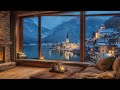 Snowy Hallstatt Fireplace Ambience Peaceful Austrian Village At Blue Hour