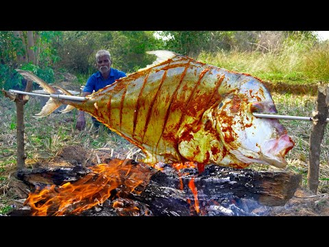 GIANT GLASS TREVALLY FISH GRILL | Full Fish BBQ Recipe | Tandoori Fish Fry | food fun village