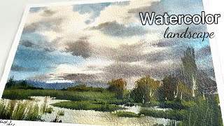 Tranquil Waterscapes: Watercolor Meadow & Azure Sky